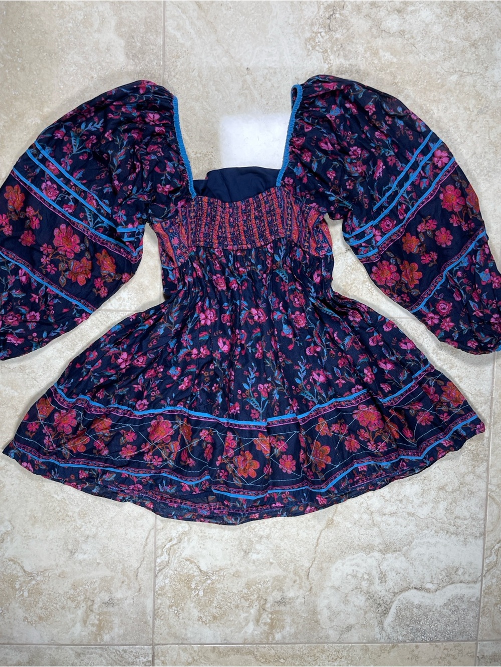 Free People Navy Floral Long Sleeve Mini Dress with Pink and Red Accents